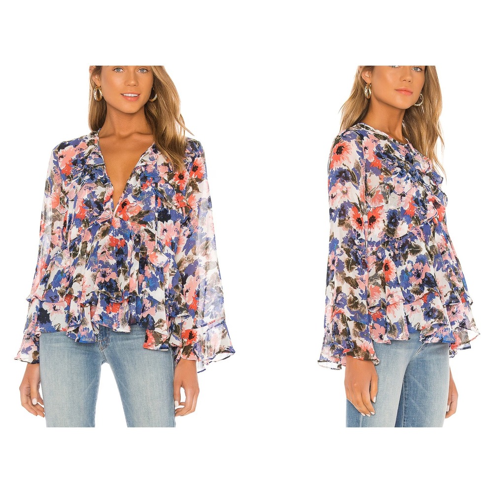 MISA Damaris Tie Dye‎ Floral Ruffle Chiffon Blouse XS Feminine Watercolor USA